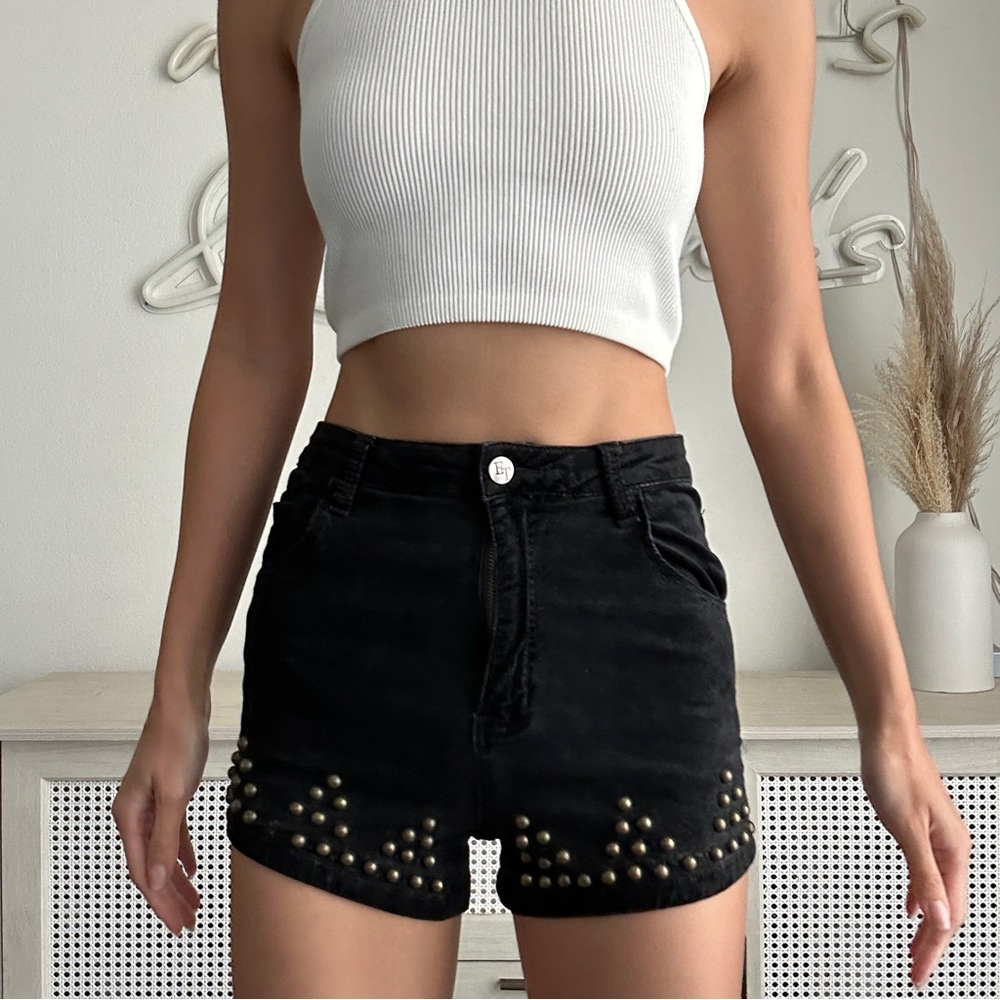 Studded High Waist Denim Shorts